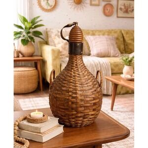 Vintage Demijohn Carboy Wine Jug Wicker Cover Green Glass Bottle Large 18" MCM